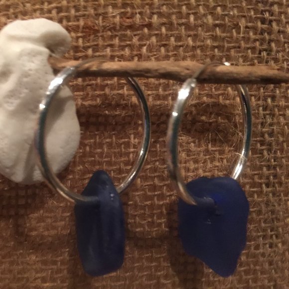 Cobalt Blue Sea Glass Hoop Earrings - Picture 2 of 4
